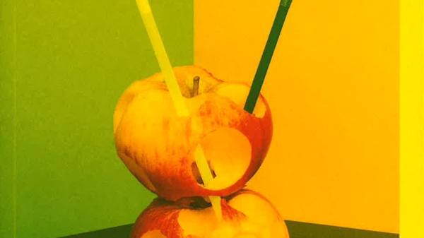 Buchcover Balance Studies: Zwei aufeinander liegende Äpfel, die von zwei Strohhalmen durchbohrt und stabilisiert werden