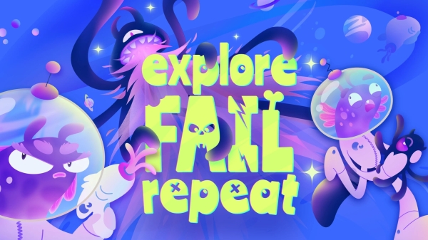 PIXELvienna 18 Animierte
Figuren vor blauem Hintergrund, Text auf Bild: explore, fail, repeat