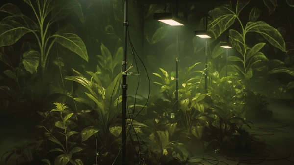 Viele Pflanzen stehen beleichtet von industriellen
                                          Lampen in einem dunklen Raum
