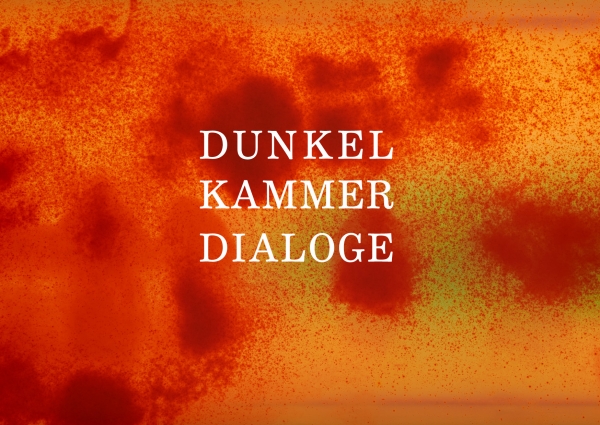 Ausstellungsplakat, Schriftzug Dunkelkammerdialoge auf orange-roten Hintergrund