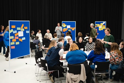 Many people are sitting at tables during a workshop, brainstorming ideas on bulletin boards