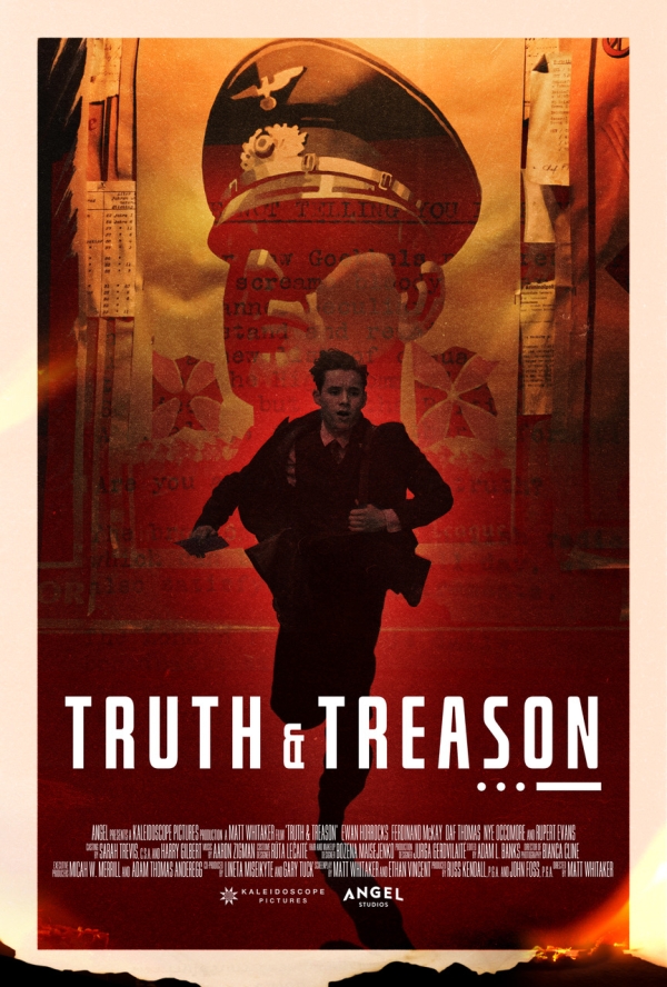 Movie poster. A boy is running. In the
                                          background is the head of an SS member looming.