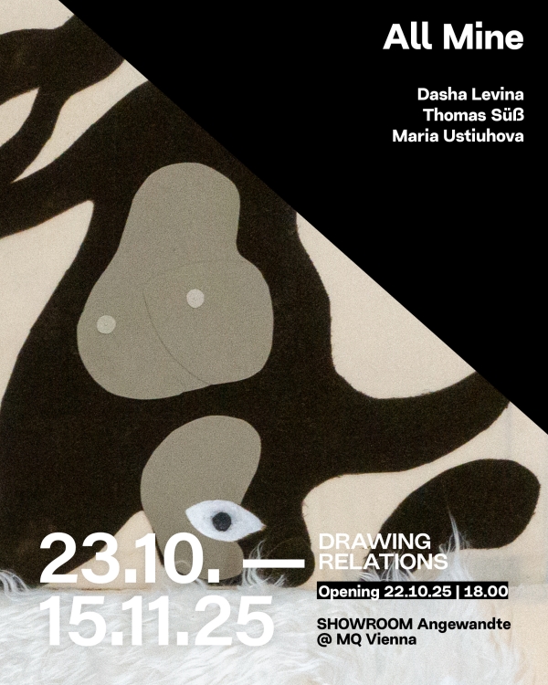 Ausstellungsplakat mit Informationen, das Motiv besteht aus abstrakten runden
                                          Formen in schwarz, grau und beige